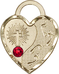 [3207KT-STN7] 14kt Gold Footprints Heart Medal with a 3mm Ruby Swarovski stone