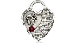 [3207SS-STN1] Sterling Silver Footprints Heart Medal with a 3mm Garnet Swarovski stone