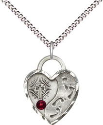 [3207SS-STN1/18S] Sterling Silver Footprints Heart Pendant with a 3mm Garnet Swarovski stone on a 18 inch Light Rhodium Light Curb chain
