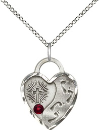 [3207SS-STN1/18SS] Sterling Silver Footprints Heart Pendant with a 3mm Garnet Swarovski stone on a 18 inch Sterling Silver Light Curb chain