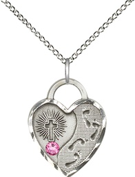 [3207SS-STN10/18SS] Sterling Silver Footprints Heart Pendant with a 3mm Rose Swarovski stone on a 18 inch Sterling Silver Light Curb chain