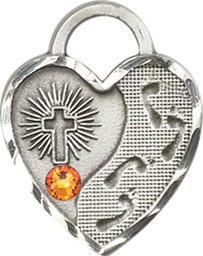 [3207SS-STN11] Sterling Silver Footprints Heart Medal with a 3mm Topaz Swarovski stone