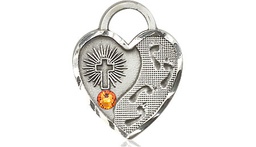 [3207SS-STN11] Sterling Silver Footprints Heart Medal with a 3mm Topaz Swarovski stone