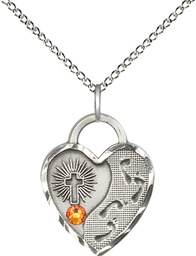 [3207SS-STN11/18SS] Sterling Silver Footprints Heart Pendant with a 3mm Topaz Swarovski stone on a 18 inch Sterling Silver Light Curb chain