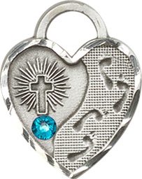 [3207SS-STN12] Sterling Silver Footprints Heart Medal with a 3mm Zircon Swarovski stone