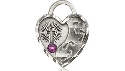 [3207SS-STN2] Sterling Silver Footprints Heart Medal with a 3mm Amethyst Swarovski stone