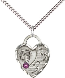 [3207SS-STN2/18S] Sterling Silver Footprints Heart Pendant with a 3mm Amethyst Swarovski stone on a 18 inch Light Rhodium Light Curb chain