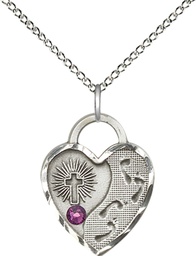 [3207SS-STN2/18SS] Sterling Silver Footprints Heart Pendant with a 3mm Amethyst Swarovski stone on a 18 inch Sterling Silver Light Curb chain