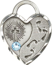 [3207SS-STN3] Sterling Silver Footprints Heart Medal with a 3mm Aqua Swarovski stone