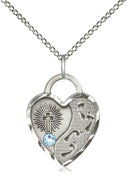 [3207SS-STN3/18SS] Sterling Silver Footprints Heart Pendant with a 3mm Aqua Swarovski stone on a 18 inch Sterling Silver Light Curb chain