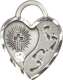 [3207SS-STN4] Sterling Silver Footprints Heart Medal with a 3mm Crystal Swarovski stone