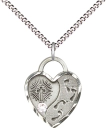 [3207SS-STN4/18S] Sterling Silver Footprints Heart Pendant with a 3mm Crystal Swarovski stone on a 18 inch Light Rhodium Light Curb chain