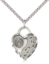 [3207SS-STN4/18S] Sterling Silver Footprints Heart Pendant with a 3mm Crystal Swarovski stone on a 18 inch Light Rhodium Light Curb chain