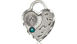 [3207SS-STN5] Sterling Silver Footprints Heart Medal with a 3mm Emerald Swarovski stone