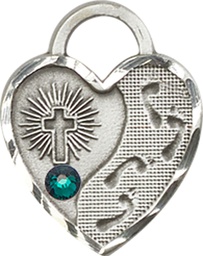[3207SS-STN5] Sterling Silver Footprints Heart Medal with a 3mm Emerald Swarovski stone