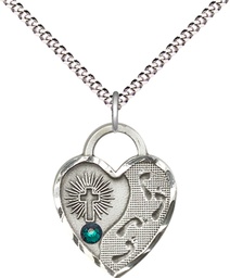 [3207SS-STN5/18S] Sterling Silver Footprints Heart Pendant with a 3mm Emerald Swarovski stone on a 18 inch Light Rhodium Light Curb chain