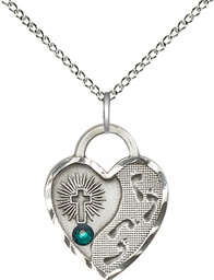 [3207SS-STN5/18SS] Sterling Silver Footprints Heart Pendant with a 3mm Emerald Swarovski stone on a 18 inch Sterling Silver Light Curb chain