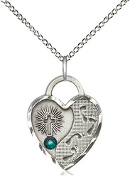 [3207SS-STN5/18SS] Sterling Silver Footprints Heart Pendant with a 3mm Emerald Swarovski stone on a 18 inch Sterling Silver Light Curb chain