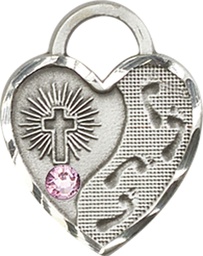 [3207SS-STN6] Sterling Silver Footprints Heart Medal with a 3mm Light Amethyst Swarovski stone