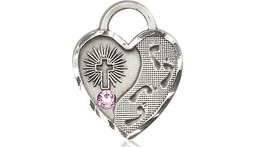 [3207SS-STN6] Sterling Silver Footprints Heart Medal with a 3mm Light Amethyst Swarovski stone