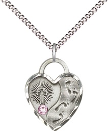 [3207SS-STN6/18S] Sterling Silver Footprints Heart Pendant with a 3mm Light Amethyst Swarovski stone on a 18 inch Light Rhodium Light Curb chain