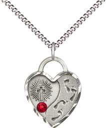 [3207SS-STN7/18S] Sterling Silver Footprints Heart Pendant with a 3mm Ruby Swarovski stone on a 18 inch Light Rhodium Light Curb chain