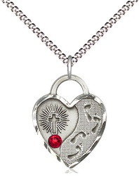 [3207SS-STN7/18S] Sterling Silver Footprints Heart Pendant with a 3mm Ruby Swarovski stone on a 18 inch Light Rhodium Light Curb chain