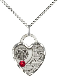 [3207SS-STN7/18SS] Sterling Silver Footprints Heart Pendant with a 3mm Ruby Swarovski stone on a 18 inch Sterling Silver Light Curb chain