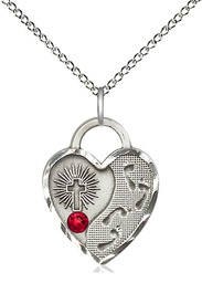 [3207SS-STN7/18SS] Sterling Silver Footprints Heart Pendant with a 3mm Ruby Swarovski stone on a 18 inch Sterling Silver Light Curb chain