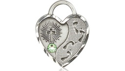 [3207SS-STN8] Sterling Silver Footprints Heart Medal with a 3mm Peridot Swarovski stone