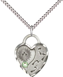 [3207SS-STN8/18S] Sterling Silver Footprints Heart Pendant with a 3mm Peridot Swarovski stone on a 18 inch Light Rhodium Light Curb chain