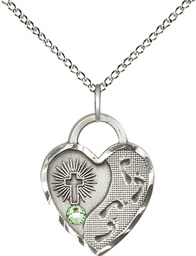 [3207SS-STN8/18SS] Sterling Silver Footprints Heart Pendant with a 3mm Peridot Swarovski stone on a 18 inch Sterling Silver Light Curb chain