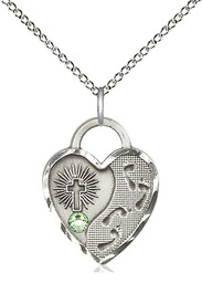 [3207SS-STN8/18SS] Sterling Silver Footprints Heart Pendant with a 3mm Peridot Swarovski stone on a 18 inch Sterling Silver Light Curb chain