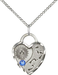 [3207SS-STN9/18SS] Sterling Silver Footprints Heart Pendant with a 3mm Sapphire Swarovski stone on a 18 inch Sterling Silver Light Curb chain