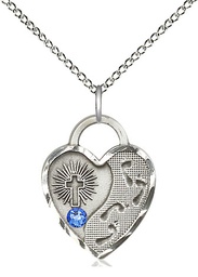 [3207SS-STN9/18SS] Sterling Silver Footprints Heart Pendant with a 3mm Sapphire Swarovski stone on a 18 inch Sterling Silver Light Curb chain