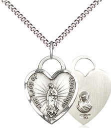 [3208SS/18S] Sterling Silver Our Lady of Guadalupe Heart Pendant on a 18 inch Light Rhodium Light Curb chain