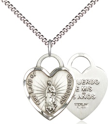 [3209SS/18S] Sterling Silver Our Lady of Guadalupe Heart Recuerdo Pendant on a 18 inch Light Rhodium Light Curb chain