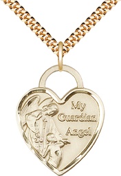 [3302GF/24G] 14kt Gold Filled Guardian Angel Heart Pendant on a 24 inch Gold Plate Heavy Curb chain