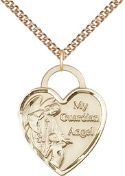 [3302GF/24GF] 14kt Gold Filled Guardian Angel Heart Pendant on a 24 inch Gold Filled Heavy Curb chain