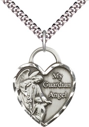 [3302SS/24S] Sterling Silver Guardian Angel Heart Pendant on a 24 inch Light Rhodium Heavy Curb chain