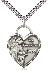 [3302SS/24S] Sterling Silver Guardian Angel Heart Pendant on a 24 inch Light Rhodium Heavy Curb chain