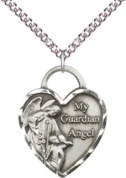 [3302SS/24SS] Sterling Silver Guardian Angel Heart Pendant on a 24 inch Sterling Silver Heavy Curb chain