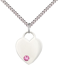 [3400SS-STN10/18S] Sterling Silver Heart Pendant with a 3mm Rose Swarovski stone on a 18 inch Light Rhodium Light Curb chain