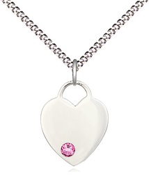 [3400SS-STN10/18S] Sterling Silver Heart Pendant with a 3mm Rose Swarovski stone on a 18 inch Light Rhodium Light Curb chain
