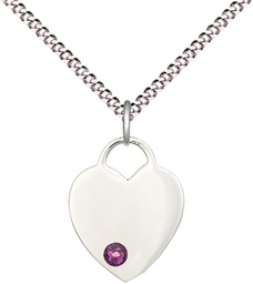 [3400SS-STN2/18S] Sterling Silver Heart Pendant with a 3mm Amethyst Swarovski stone on a 18 inch Light Rhodium Light Curb chain