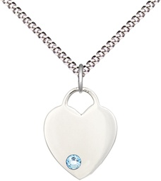 [3400SS-STN3/18S] Sterling Silver Heart Pendant with a 3mm Aqua Swarovski stone on a 18 inch Light Rhodium Light Curb chain