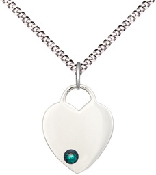 [3400SS-STN5/18S] Sterling Silver Heart Pendant with a 3mm Emerald Swarovski stone on a 18 inch Light Rhodium Light Curb chain