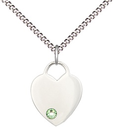 [3400SS-STN8/18S] Sterling Silver Heart Pendant with a 3mm Peridot Swarovski stone on a 18 inch Light Rhodium Light Curb chain