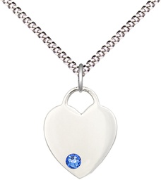 [3400SS-STN9/18S] Sterling Silver Heart Pendant with a 3mm Sapphire Swarovski stone on a 18 inch Light Rhodium Light Curb chain