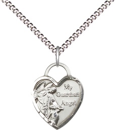 [3402SS/18S] Sterling Silver Guardian Angel Heart Pendant on a 18 inch Light Rhodium Light Curb chain